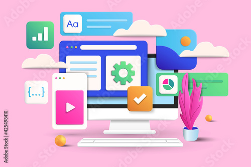 Mobile application, Software and web development with 3d shapes, bar chart, infographic on pink background. 3d Vector Illustration