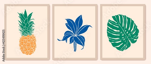 Botanical wall art collection. Exotic plants, pineapple, monstera leaves. Foliage line art drawing. Colorful minimal, abstract design for prints, cover, packaging, cosmetics, logo. Eco trendy style.
