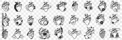 Human Hearts assortment doodle set. Collection of hand drawn various styles of heart for healthcare medicine cardiology advertisement isolated on transparent background vector illustration 