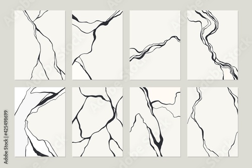 Black and white, grey abstract marble stone design, minimal kintsugi art style. Luxury crack ground, abstract landscape. Patterns, covers, logo, branding template.