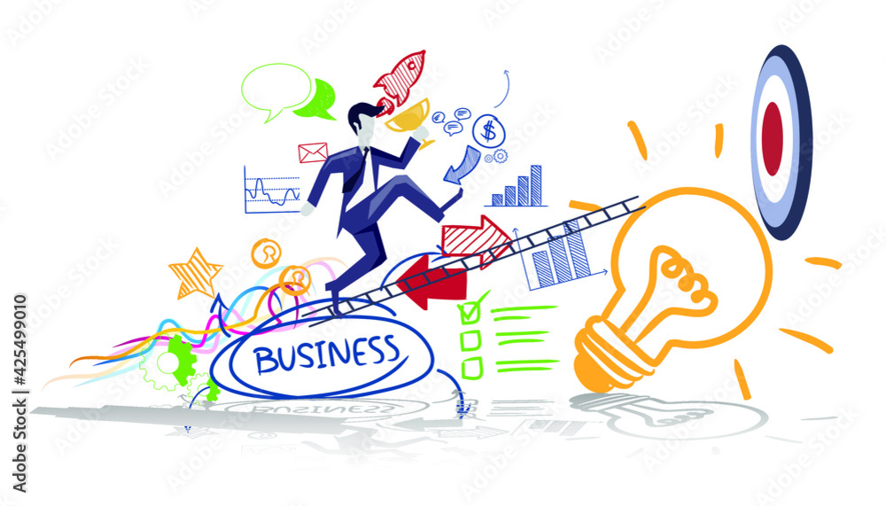 Fototapeta premium Businessman running to target.Plan Business Trading market analyze. flat design creativity Modern design Idea and Concept Vector illustration.