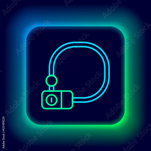 Glowing neon line Bicycle lock U shaped industrial icon isolated on black background. Colorful outline concept. Vector