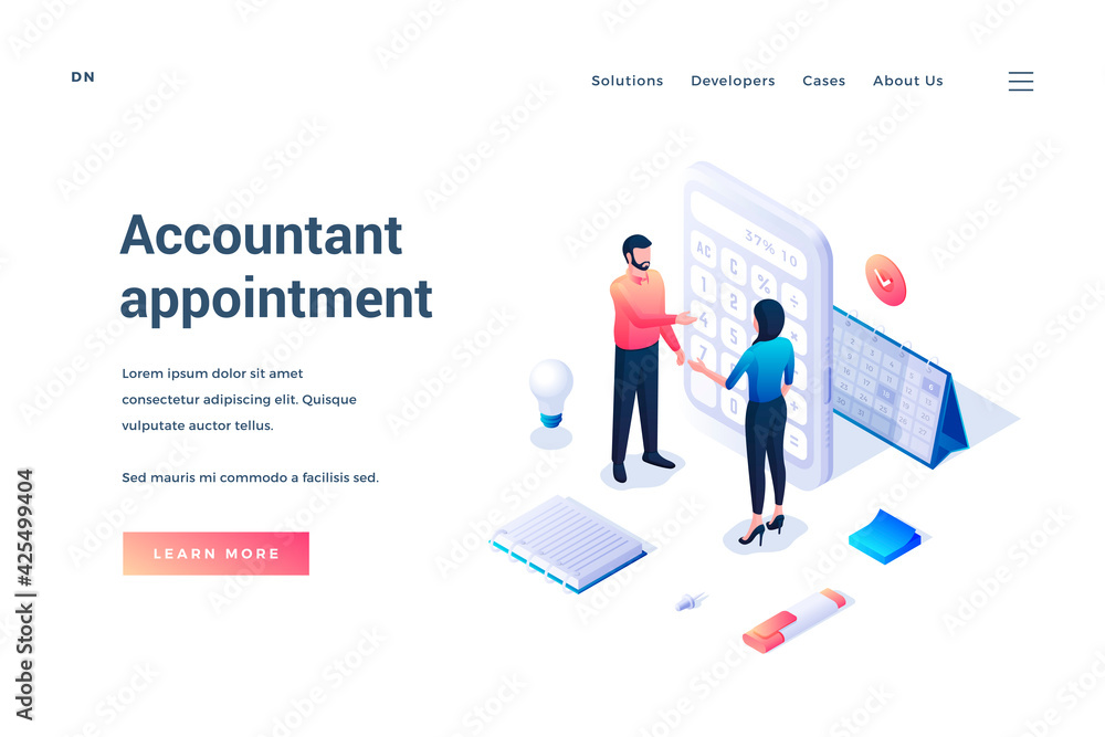 Accountant appointment. Isometric banner. Male and female tiny cartoon characters communicate with each other standing by a large calculator. Landing page template Accountant appointment. Isometric banner. Male and female tiny cartoon characters communicate with each other standing by a large calculator. Landing page template