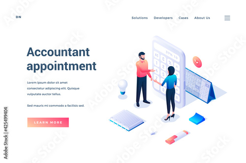 Accountant appointment. Isometric banner. Male and female tiny cartoon characters communicate with each other standing by a large calculator. Landing page template