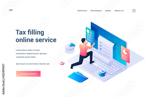 Tax filling online service. Isometric landing page template. Tiny male cartoon character standing on huge modern laptop and filling tax form online using web application. Vector illustration