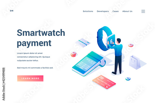 Smartwatch payment. Landing page template. Man paying wireless for purchases using smart watches. Contactless payment. Digital transactions. Web banner template