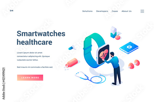 Smartwatches healthcare. Isometric landing page template. Tiny male character standing in front of huge smart watches. Health care application. Health tracker app wristwatch