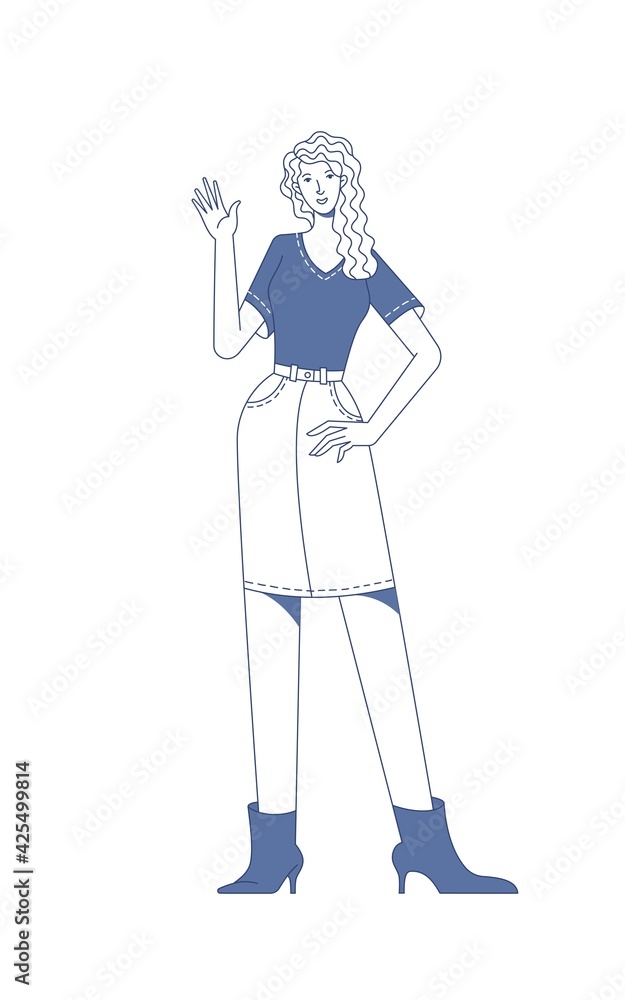 Smiling woman in casual clothes waving hello linear vector illustration