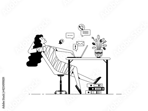 Thoughtful woman keep on procrastinating her work linear black and white illustration