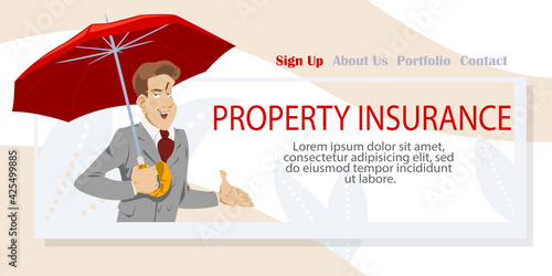 Property insurance. Man with umbrella. Illustration for internet and mobile website.