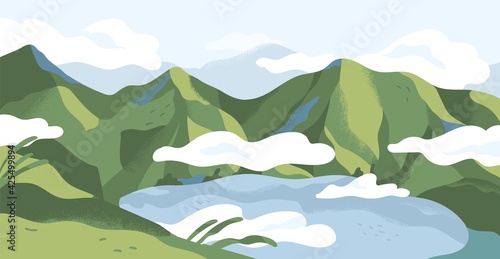 Panoramic view of summer landscape with lake in mountains. Calm nature panorama of highlands in green grass and clouds. Colored flat vector illustration of peaceful valley scenery