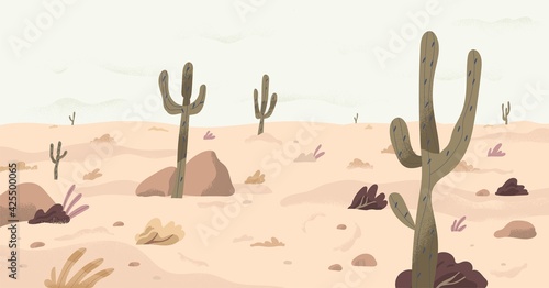 Panorama of calm plain desert land with cactuses on dry sand. Panoramic view of south nature landscape with southern plants in drought weather. Flat vector illustration of wilderness scenery photo