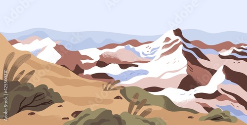 Panoramic view of calm nature landscape with snowy mountain tops and sky horizon. Peaceful scenic panorama with hills and bushes. Winter turns to spring concept. Colored flat vector illustration