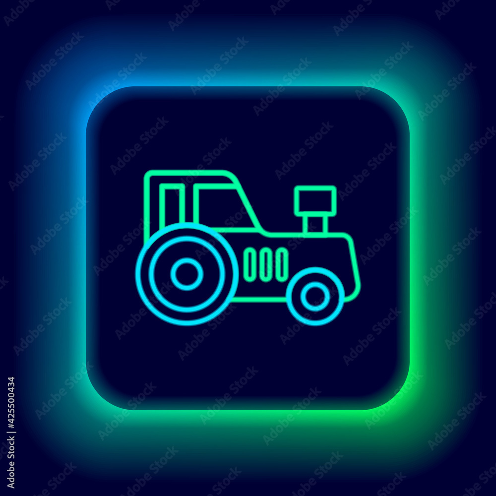 Glowing neon line Tractor icon isolated on black background. Colorful outline concept. Vector