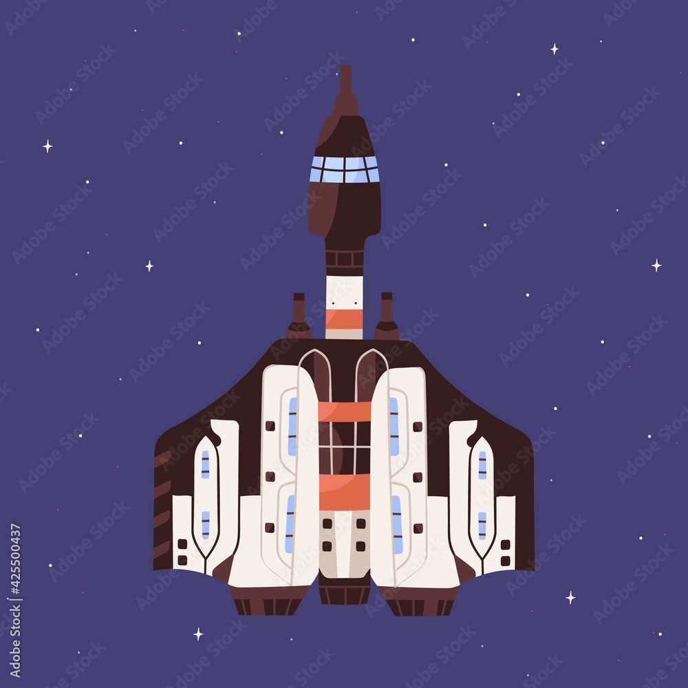 Top view of spaceship flying in outer space. Futuristic spacecraft on starry sky background. Cosmos flight of intergalactic shuttle. Colored flat vector illustration of cosmic transport