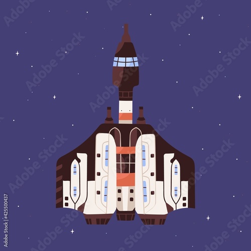 Top view of spaceship flying in outer space. Futuristic spacecraft on starry sky background. Cosmos flight of intergalactic shuttle. Colored flat vector illustration of cosmic transport