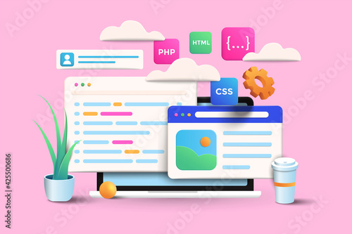 Web development, application design, coding, and programming on laptop concept on pink background. 3d Vector Illustration