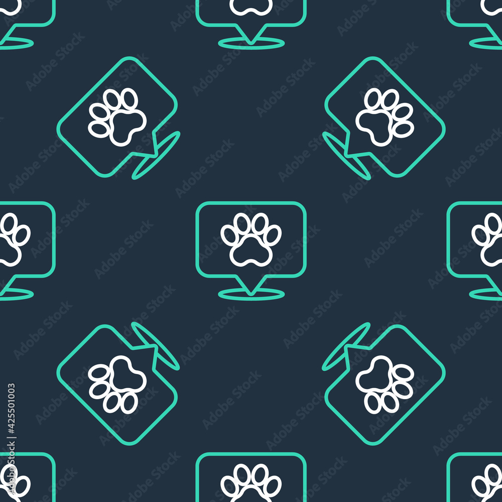 Line Map pointer with veterinary medicine hospital, clinic or pet shop for animals icon isolated seamless pattern on black background. Veterinarian clinic. Vector