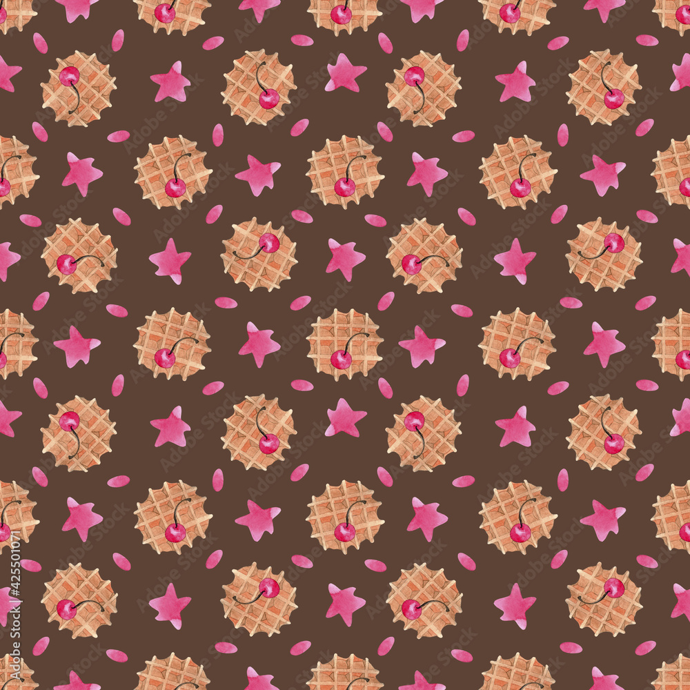 Watercolor seamless pattern with different sweets. Hand-drawn and isolated on a white background. Watercolor seamless pattern with different sweets. Hand-drawn and isolated on a white background.