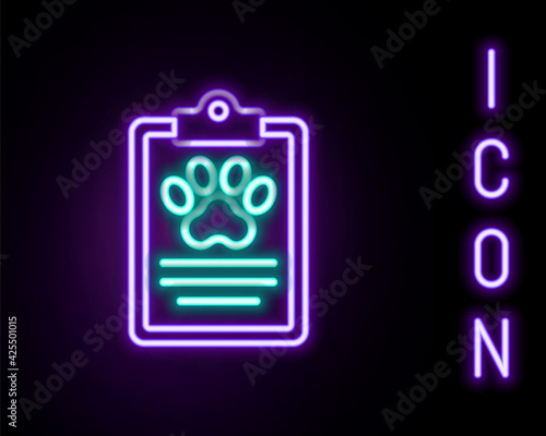 Glowing neon line Clipboard with medical clinical record pet icon isolated on black background. Health insurance form. Medical check marks report. Colorful outline concept. Vector