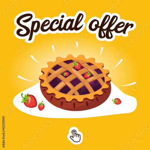 Cake decorated with strawberries. Flyer design template, suitable for web banner and social networks. Vector illustration