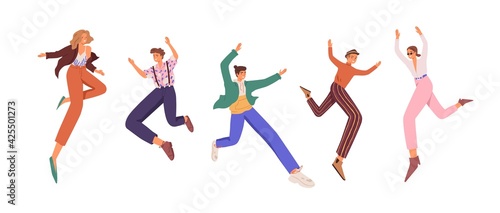 Happy young people jumping up for fun and joy. Set of active cheerful smiling men and women with feeling of freedom. Colored flat vector illustration of joyful characters isolated on white background