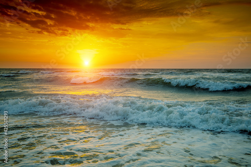 Seascape in the early morning. Sunrise over the sea. Nature landscape