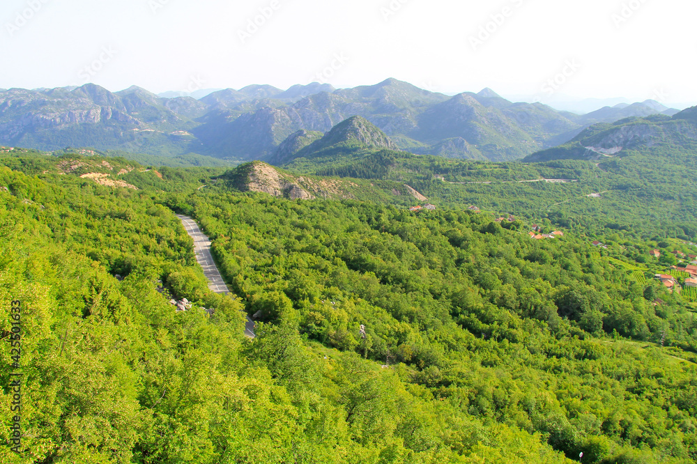 Beautiful mountain landscape. Valley, hills and road in Montenegro among high mountains covered with forests in spring and summer. Nature background