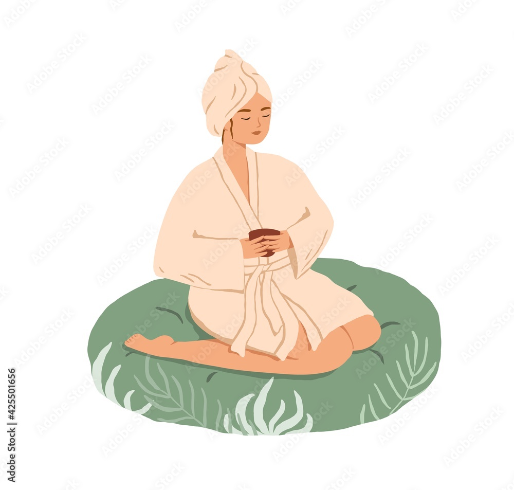 Relaxed young woman resting with tea in Spa and Wellness center. Female character in gown and bath towel sitting in beauty salon. Colored flat vector illustration isolated on white background Relaxed young woman resting with tea in Spa and Wellness center. Female character in gown and bath towel sitting in beauty salon. Colored flat vector illustration isolated on white background