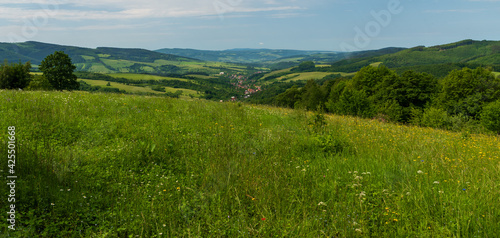 View from Laz hill above Nedasova Lhota village in Bile Karpay moutains in Czech republic photo