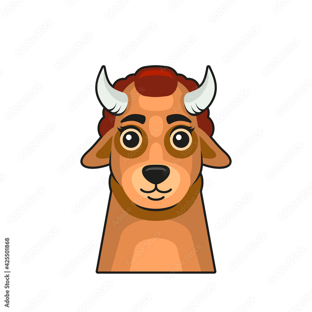 Obraz premium Cute Bull Face Cartoon Style on White Background. Vector