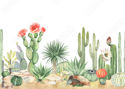 Horizontal seamless pattern with blooming cacti, succulents. Watercolor border, colorful mexican landscape on sand with stones. Illustration on white background.