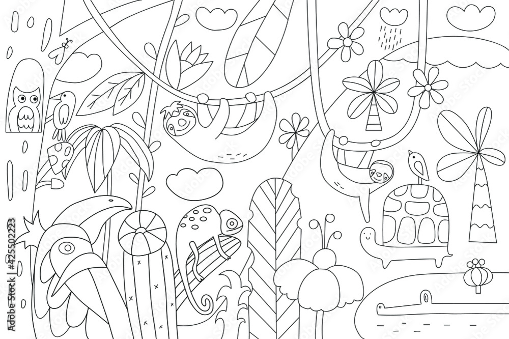 Big coloring page with cute sloths in the tropical leaves.Big coloring poster for kids.