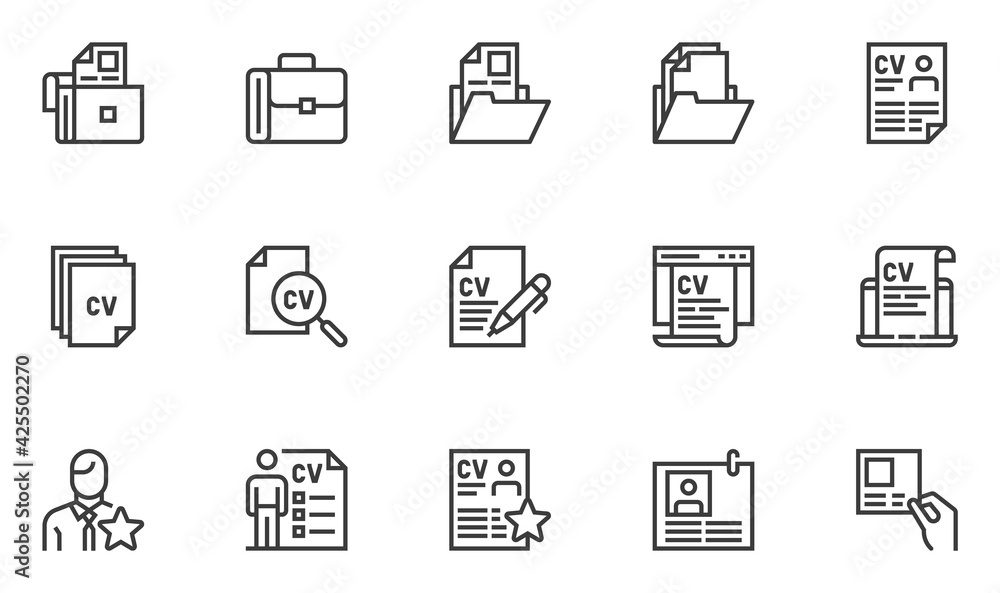 Set of Vector Line Icons Related to Resume. New Employee, Staff Recruitment, Portfolio, Job Interview, CV. Editable Stroke. 48x48 Pixel Perfect.