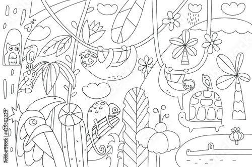 Big coloring page with cute sloths in the tropical leaves.Big coloring poster for kids.