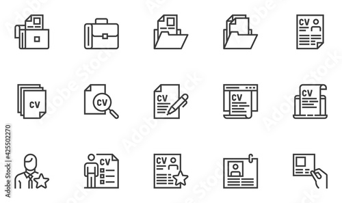 Set of Vector Line Icons Related to Resume. New Employee, Staff Recruitment, Portfolio, Job Interview, CV. Editable Stroke. 48x48 Pixel Perfect.