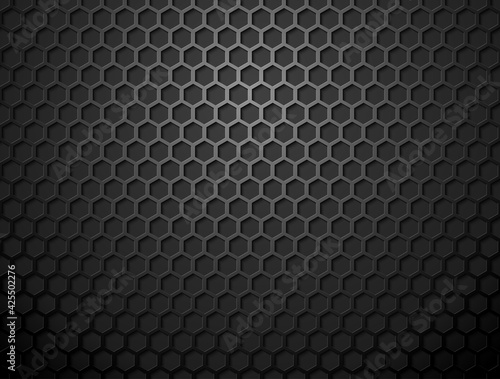 Vector metal hex grid black background. Black iron hexagonal grill texture. Technology wallpaper