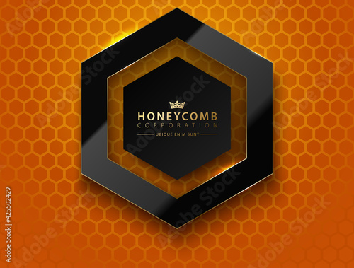 Vector black hexagon. Glossy luxury dark and golden line frame. Honeycomb shape border logo header. Realistic glass frame on orange honeycomb grid background