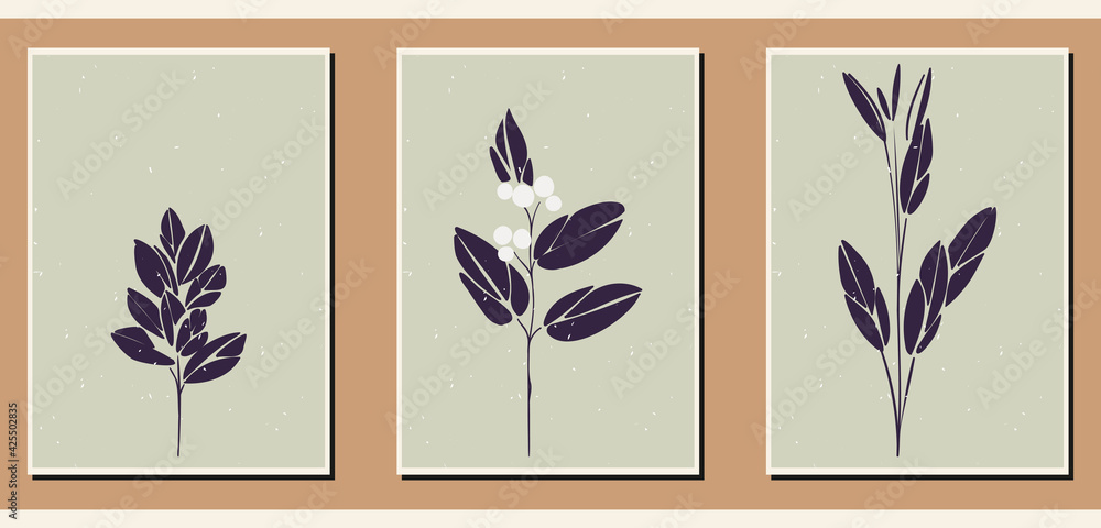 A set of three abstract minimalist aesthetic floral illustrations. Minimal silhouettes of plants on a light background. Modern monochrome vector posters for social media, web design in vintage style.