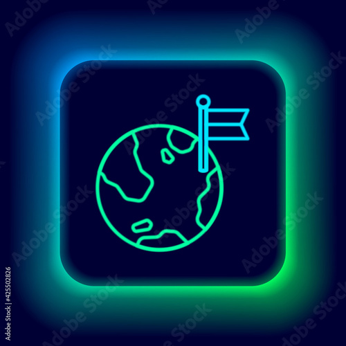 Glowing neon line Planet with flag icon isolated on black background. Victory, winning and conquer adversity concept. Colorful outline concept. Vector