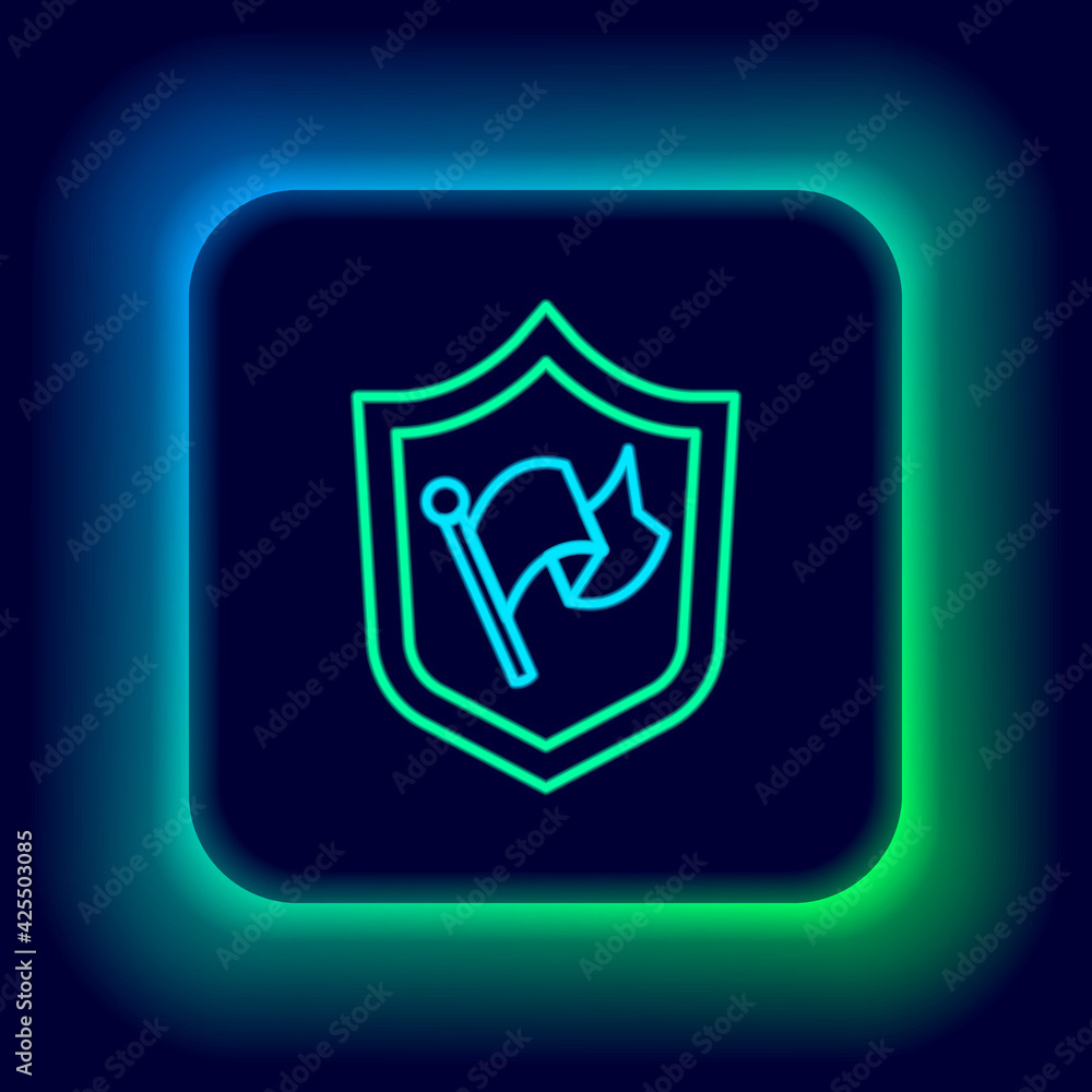 Glowing neon line Shield with flag icon isolated on black background. Victory, winning and conquer adversity concept. Colorful outline concept. Vector Glowing neon line Shield with flag icon isolated on black background. Victory, winning and conquer adversity concept. Colorful outline concept. Vector
