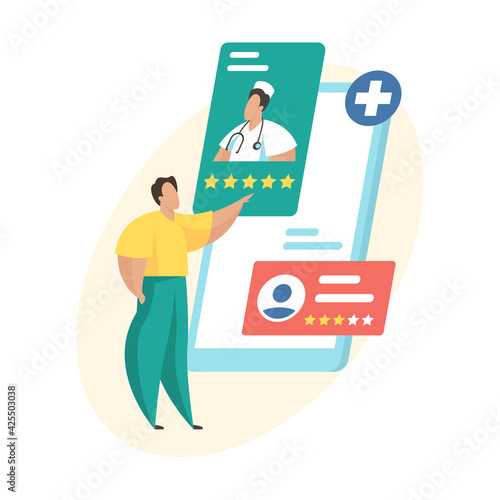 Choosing doctor through mobile application. Doctors rating and review. Online medical consultation. Patient evaluating doctor ranking. Flat vector illustration