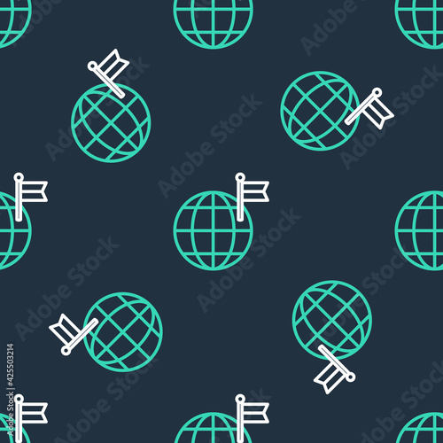 Line Planet with flag icon isolated seamless pattern on black background. Victory, winning and conquer adversity concept. Vector