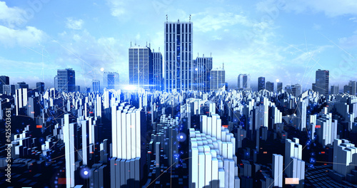 Industrialized Futuristic Modern City Covered By High Speed Network. Big Data And Artificial Intelligence. Technology And Business Related 3D Illustration Render