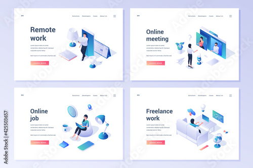 Set of website templates with isometric people working on computers and mobile phones while having distant jobs and online meetings