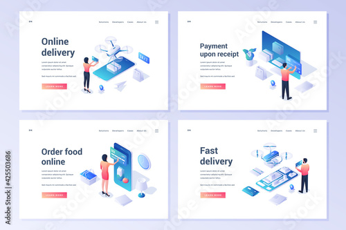 Set of isometric banner templates for websites offering services of online delivery and food ordering via mobile application on white background