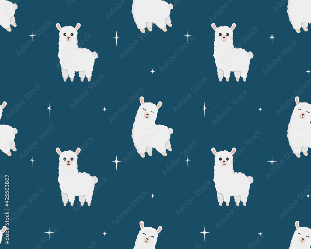 Fototapeta premium Seamless pattern of cute alpaca in different poses. Cartoon design animal character flat vector style. Baby texture for fabric, wrapping, textile, wallpaper, clothing.