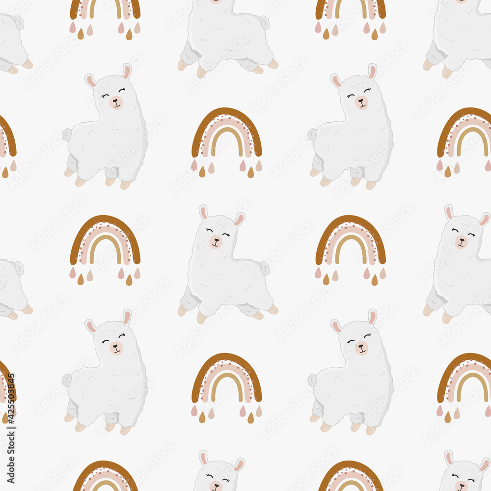 Fototapeta premium Seamless vector pattern with llama (alpaca) and rainbow. Trendy baby texture for fabric, wallpaper, apparel, wrapping