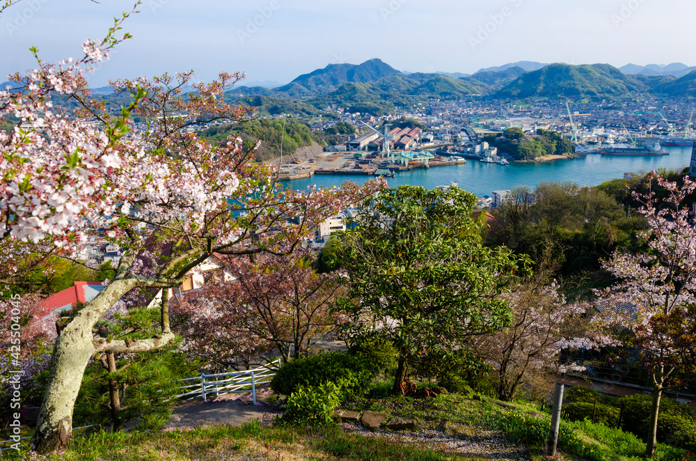 Aerial view of Mukaishima island viewed from Mt. Senkoji in Onomichi town.