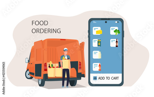 Online food ordering and delivery. Smartphone, app, courier and cargo van. Vector illustration.